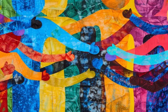 A vibrant abstract artwork depicting figures interlocked in a display of teamwork and collaboration, Create an artwork depicting collaboration and teamwork among diverse group members
