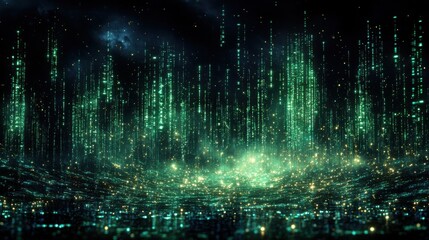 Futuristic Green Digital Data Stream Abstract Technology Background Sparkling Binary Code Rain