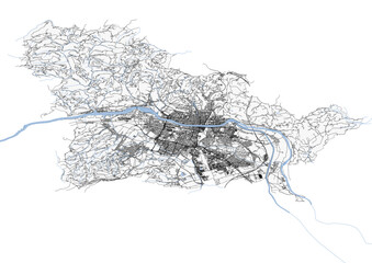 vector map of highway, buildings and waterways of maribor city in Slovenia with black and white color