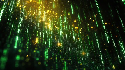 Obraz premium Abstract Digital Data Stream Glowing Green and Gold Binary Code Falling Background