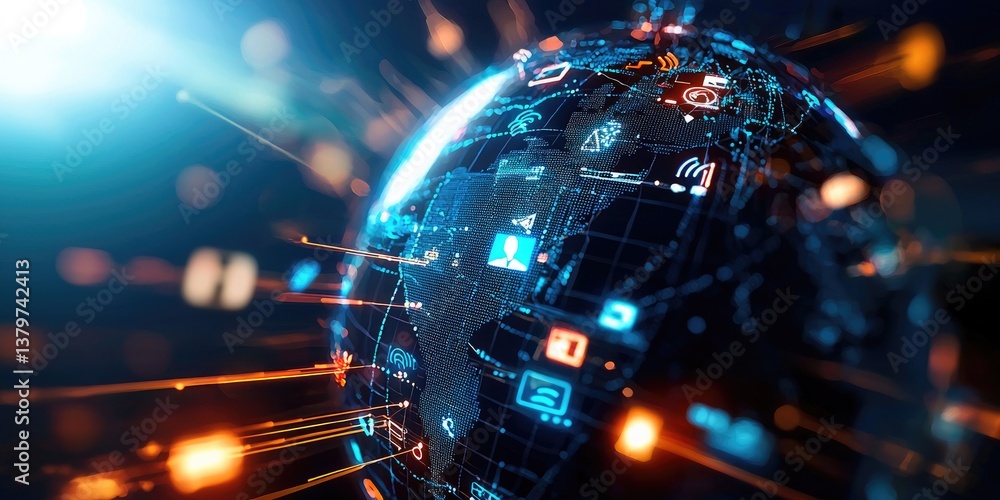 Poster a digital planet earth, its surface a kaleidoscope of interconnected tech devices and icons, symboli