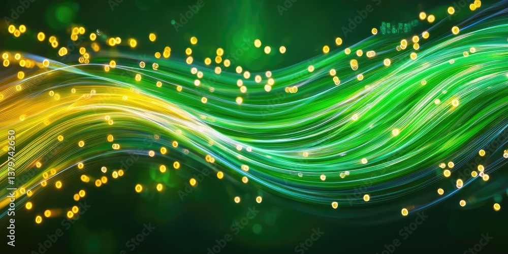 Poster A vibrant stream of binary code, pulsating with green and yellow energy, symbolized data transfer and technological innovation in a futuristic banner. The code represente