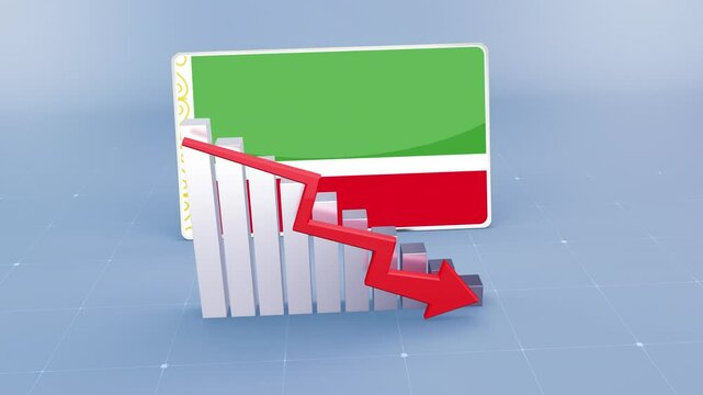 Chechen Repub lic  Country Flag and Bar Chart Graph Showing Decreasing Values a Red Arrow Economic Crisis Concept. Flag of the Chechen Repub lic 