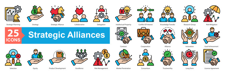 Strategic Aliances Icon sheet vector strategic planning, strategy, strategic alliance, collaborative, delegation, intellectual property, conflict of interest, knowledge transfer, research group, risk 
