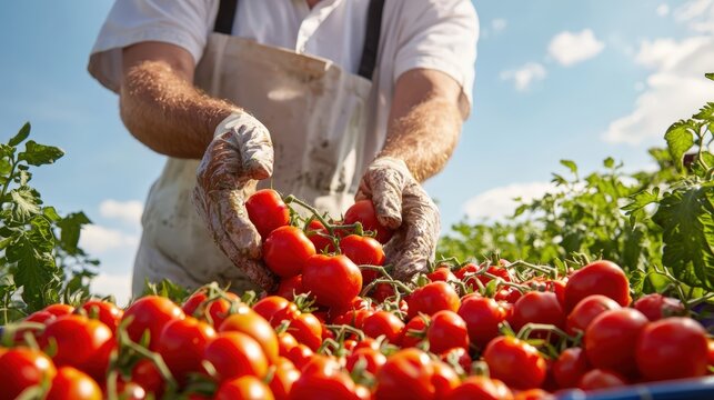 A farmer harvesting ripe tomatoes under a bright blue sky, offering a lively and colorful agricultural backdrop with ample ,