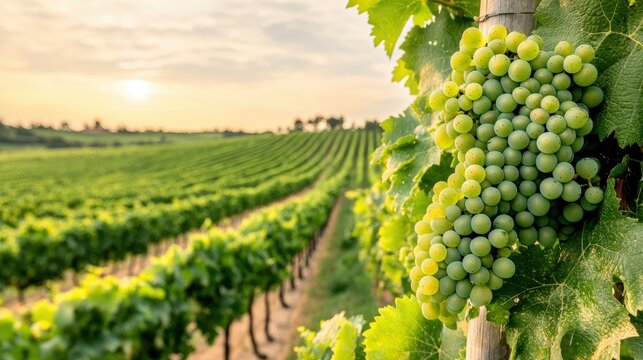 A panoramic view of a vineyard at sunset, with rows of grapevines stretching into the horizon and ample space for text ,