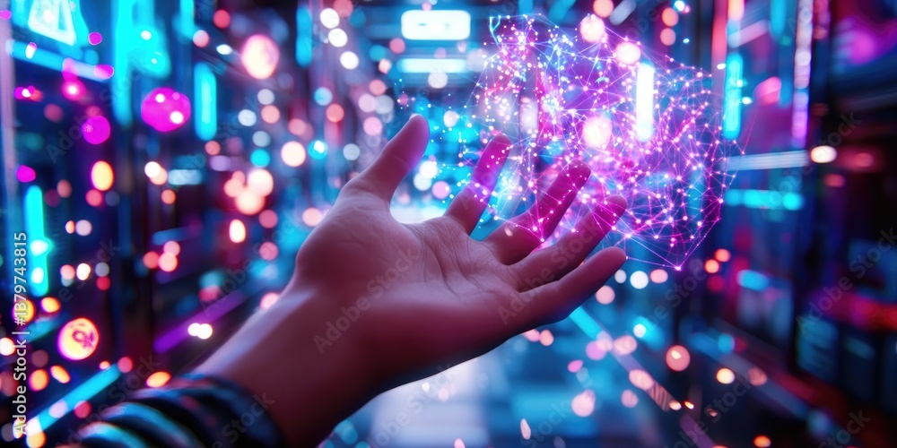 Aufkleber in a futuristic realm, a hand reaches out, fingers extended in a gesture of exploration, as it levit