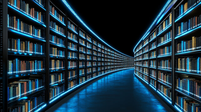 World Book Day Concept.Abstract digital library with glowing data streams on shelves