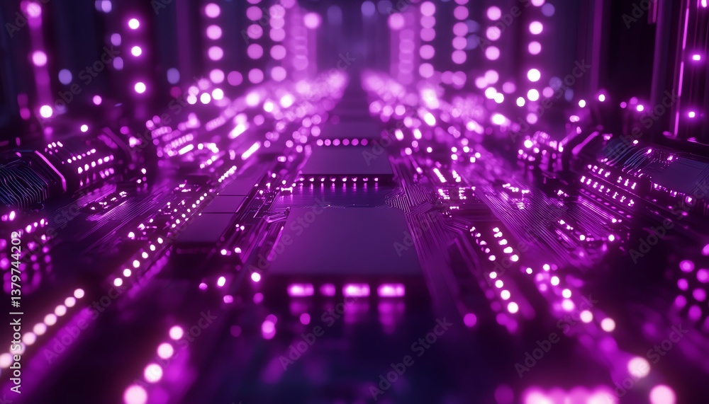Aufkleber AI chip with futuristic glowing circuits, advanced machine learning processing, and a hightech purple digital environment, symbolizing cuttingedge computing technology