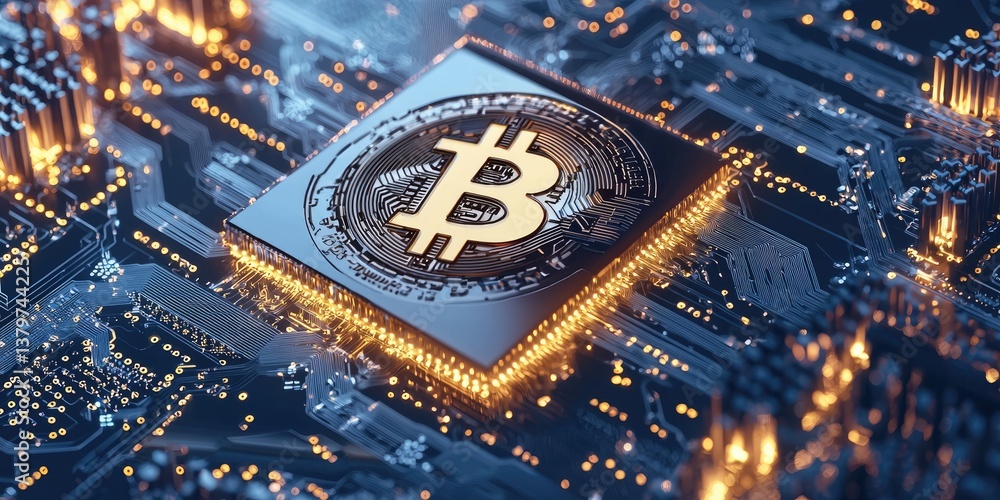 Fototapete A 3D, realistic representation of blockchain technology and cryptocurrency, where intricate nodes are interconnected, symbolizing the secure and transparent nature of dig