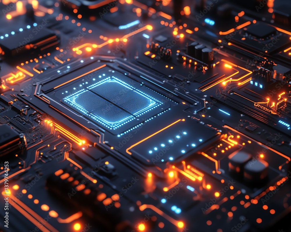 Poster Closeup of a detailed computer circuit board with intricate blue traces and glowing components, futuristic tech art, ultrarealistic 3D rendering