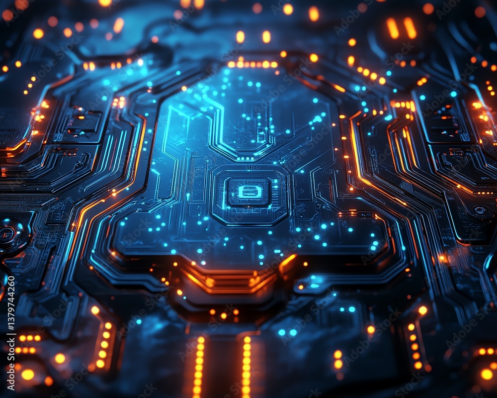 Poster closeup of a detailed computer circuit board with intricate blue traces and glowing components, futu