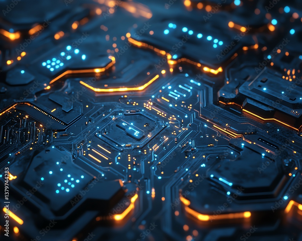 Poster Closeup of a detailed computer circuit board with intricate blue traces and glowing components, futuristic tech art, ultrarealistic 3D rendering