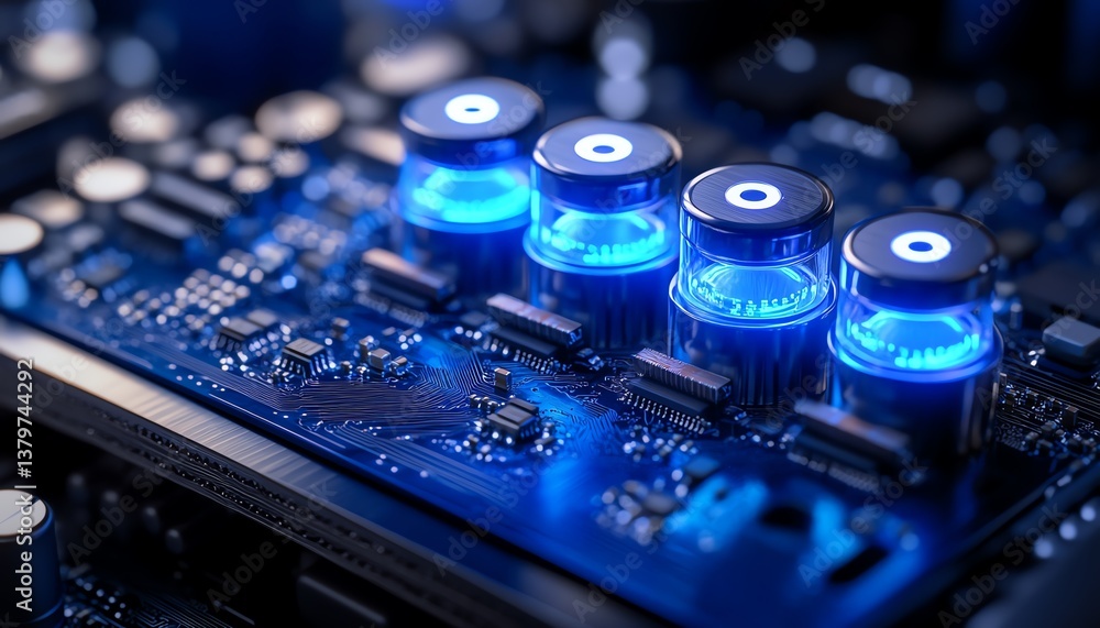 Fototapete closeup of a futuristic computer circuit board with blue neon lighting, interconnected components, a