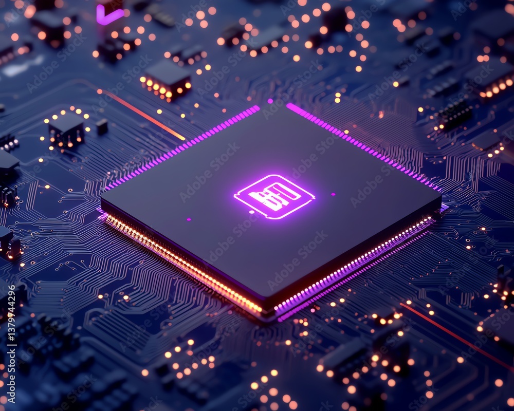 Aufkleber Closeup of a glowing AI chip, advanced computing technology with purple circuit board elements, representing artificial intelligence and digital innovation