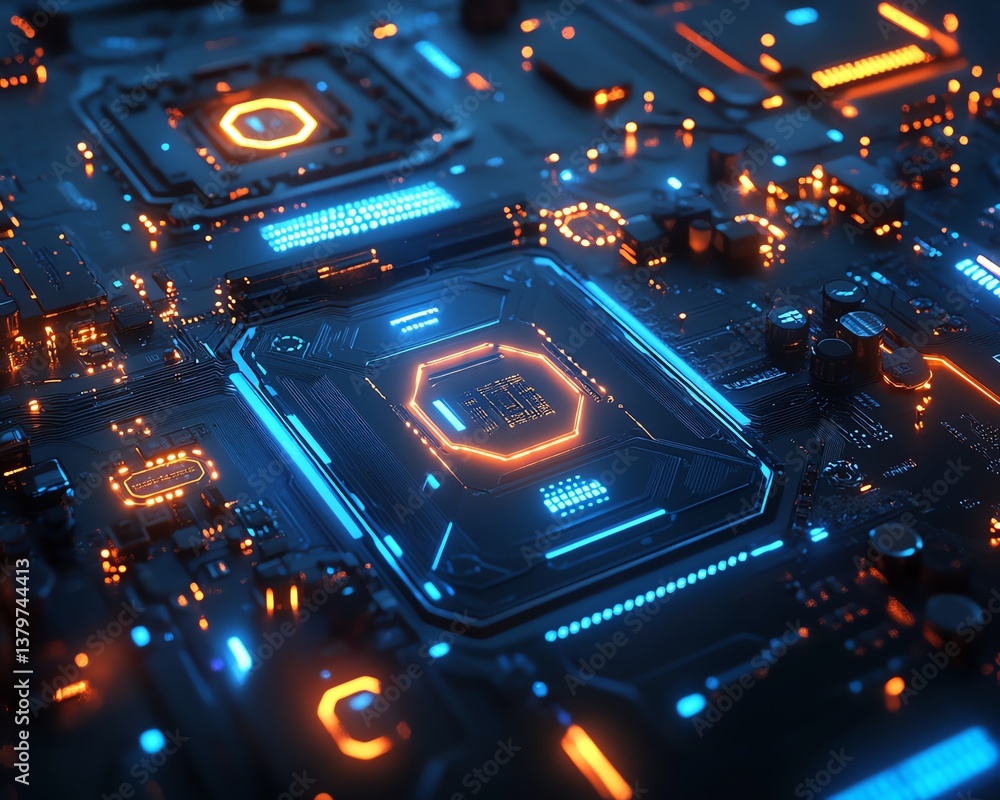 Fototapete Detailed closeup of a blue computer motherboard with glowing circuits and intricate digital patterns, futuristic digital art, ultraHD rendering