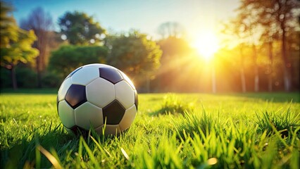 Fototapeta premium Soccer Field Grass Ball, Green Soccer Pitch, Football Game, Sports Field, Play Area, Soccer Ball on Grass