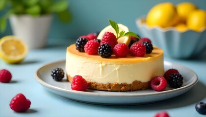 A close-up shot features a cheesecake adorned with fresh berries and a lemon slice, set on a speckled gray plate