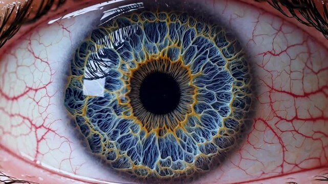 Close-up of an eye showcasing heterochromia. The iris displays vibrant blue hues with intricate golden patterns. Visible blood vessels enhance the detail