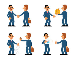 Businessman cartoon negotiating trade, agreeing and refusing investment.