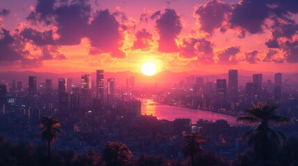 Stunning Sunset over Cityscape with Palm Trees and Vibrant Sky