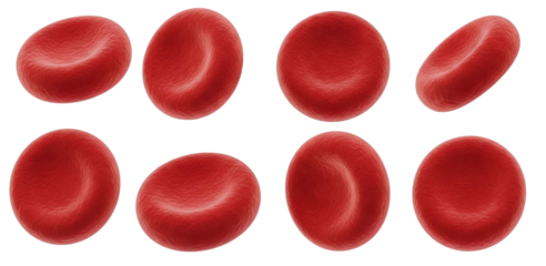 Set of Red Blood cells, erytrocytes that carry oxygen, cut out on transparent backround, PNG file graphic resource for medical purposes