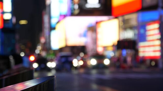 New York City Times Square, Manhattan Midtown Broadway street, USA flag. American NYC yellow taxi cab, urban road traffic. People. Commercial billboard screens. Military island, army recruiting. Night