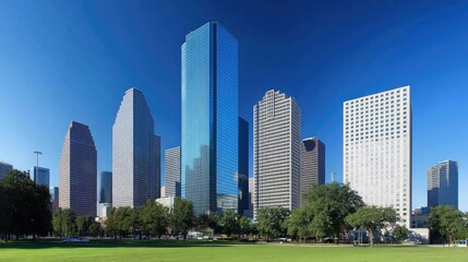 A clear sky above a city skyline, making the buildings stand out sharply