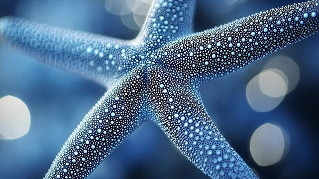 Close-up of a bright blue starfish on a blurred ocean background