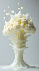 Cauliflower creates flower-shaped splashes. Gray backdrop transforms water into blooming liquid sculpture.