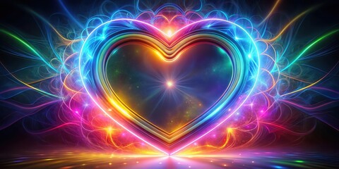 A luminous heart-shaped portal of vibrant energy, radiating colorful light trails and cosmic dust, evokes feelings of love and wonder