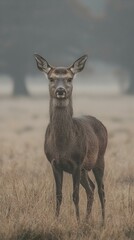 Fototapeta premium A young female deer stands in a field of tall grass, looking directly at the camera. The background is blurred, creating a soft focus.
