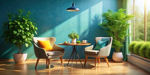 Obraz premium Sunny Room, Cozy Armchair, Round Table, Greenery, Blue Wall - Food Photography