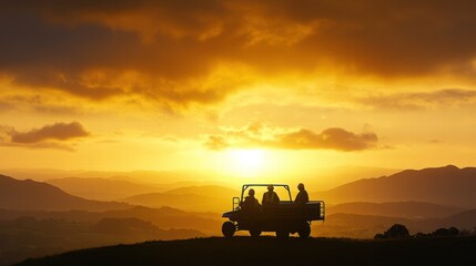Fototapeta premium Silhouette of People on Off-Road Vehicle Against Sunset Landscape