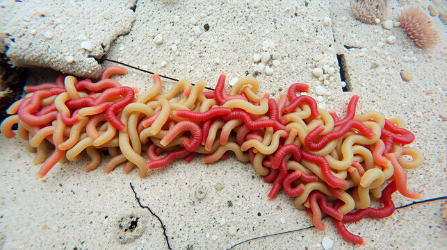 Colony of different Nemertea worms: Amphiporus lactifloreus, Lineus ruber, Lineus viridis. Predators, visible as they burrow into sandy silt and move in it. White Sea