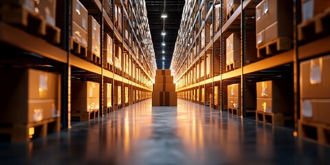 Fototapeta premium A vast warehouse, a labyrinth of towering shelves, each holding rows upon rows of neatly stacked boxes, ready to embark on their journey to new homes.