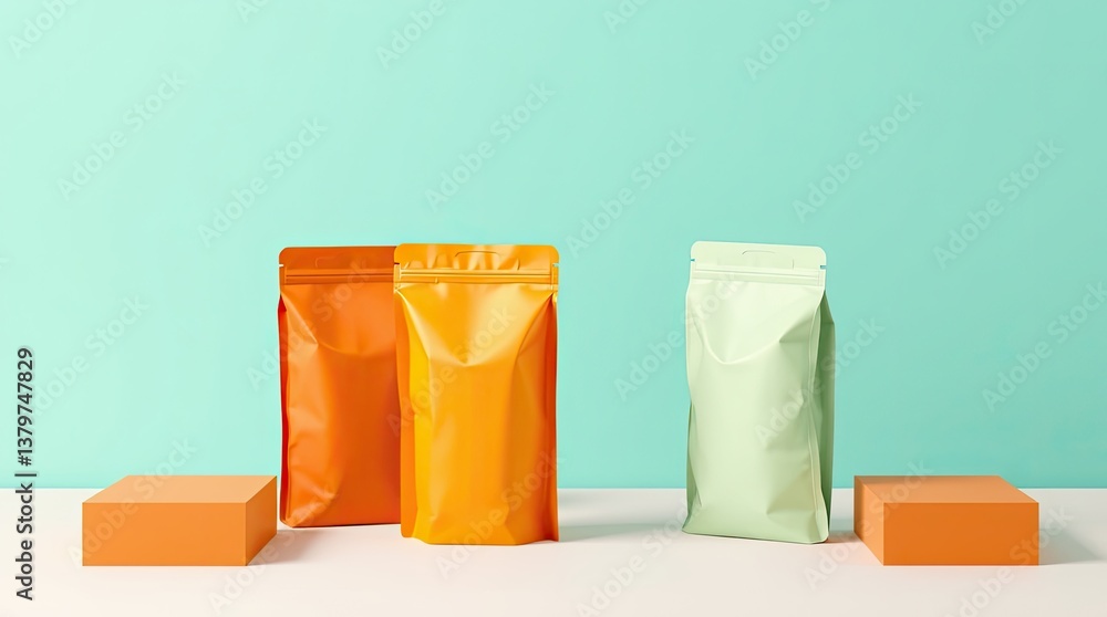 Poster three colorful pouches stand on display in the studio setting
