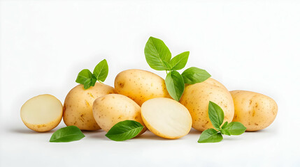 Whole and Sliced Potatoes with Fresh Basil on Transparent Background