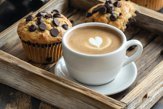 Freshly brewed coffee with heart design served alongside chocolate chip muffins in a rustic tray