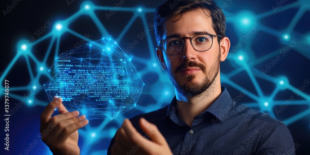 Aufkleber a businessman, his face lit by the glow of a digital screen, holds out a text-based blockchain inter