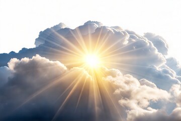 Bright sun rays shining through dramatic clouds in a clear sky, symbolizing hope, clarity, weather change, and the beauty of atmospheric light