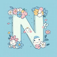 Cheerful Floral Letter N Design with Cute Characters and Flowers