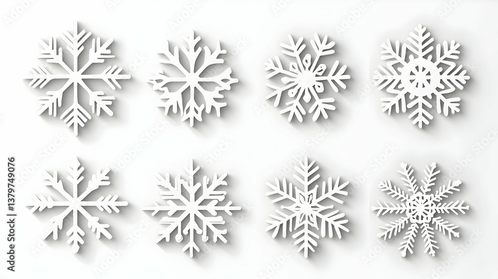 Poster set of unique snowflake icons on transparent background for design use