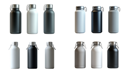 Group of Steel Water Bottles in White, Black, Gray on Transparent Background