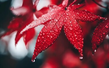 Red Maple Leaf Covered in Raindrops Close Up Botanical Nature