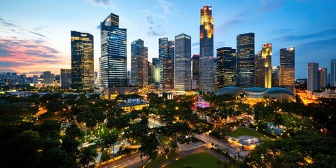 Naklejka premium A towering metropolis, where glass and steel embraced the sky, reflecting the city s bustling energy and the brilliance of its urban heart.