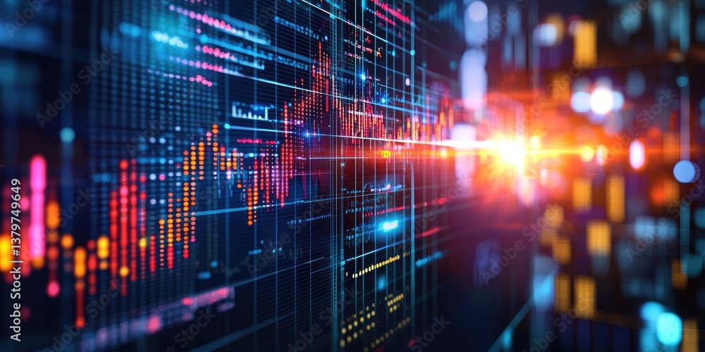 Leinwandbilder A dynamic landscape of data and ambition unfolded on a sleek dark blue canvas, dominated by vibrant digital charts and graphs that soared upwards, symbolizing the expansi