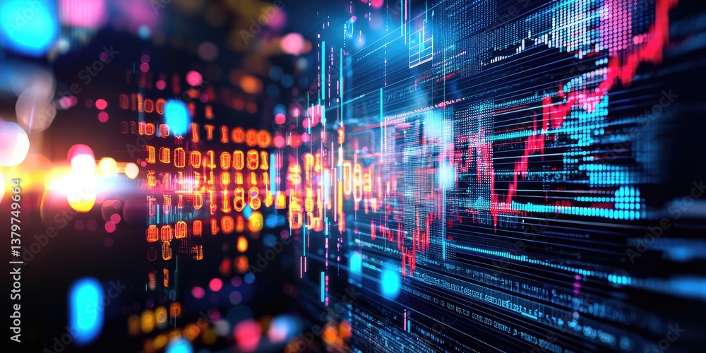 Poster A dynamic landscape of data and ambition unfolded on a sleek dark blue canvas, dominated by vibrant digital charts and graphs that soared upwards, symbolizing the expansi