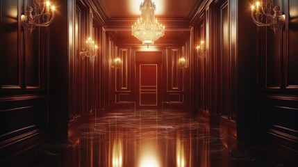 Opulent Grandeur: A Luxurious Corridor Illuminated by Crystal Chandeliers