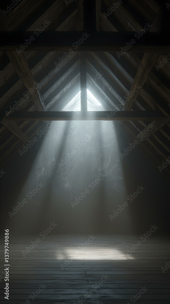 Poster sunbeams illuminate a dark attic with wooden beams and a triangular skylight. dusty atmosphere adds 